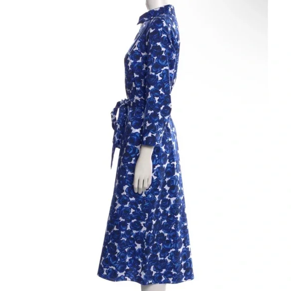 Carolina Herrera cotton Blue and White Floral Long Sleeve self-tie belt Dress - Picture 3 of 11